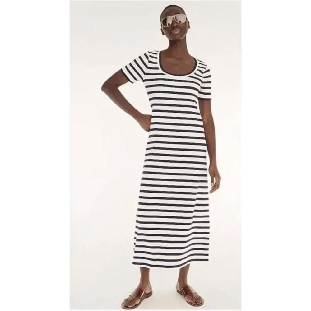 J. CREW Nautical Stripe Cotton Knit Coastal MIDI T-Shirt Dress Navy White Casual